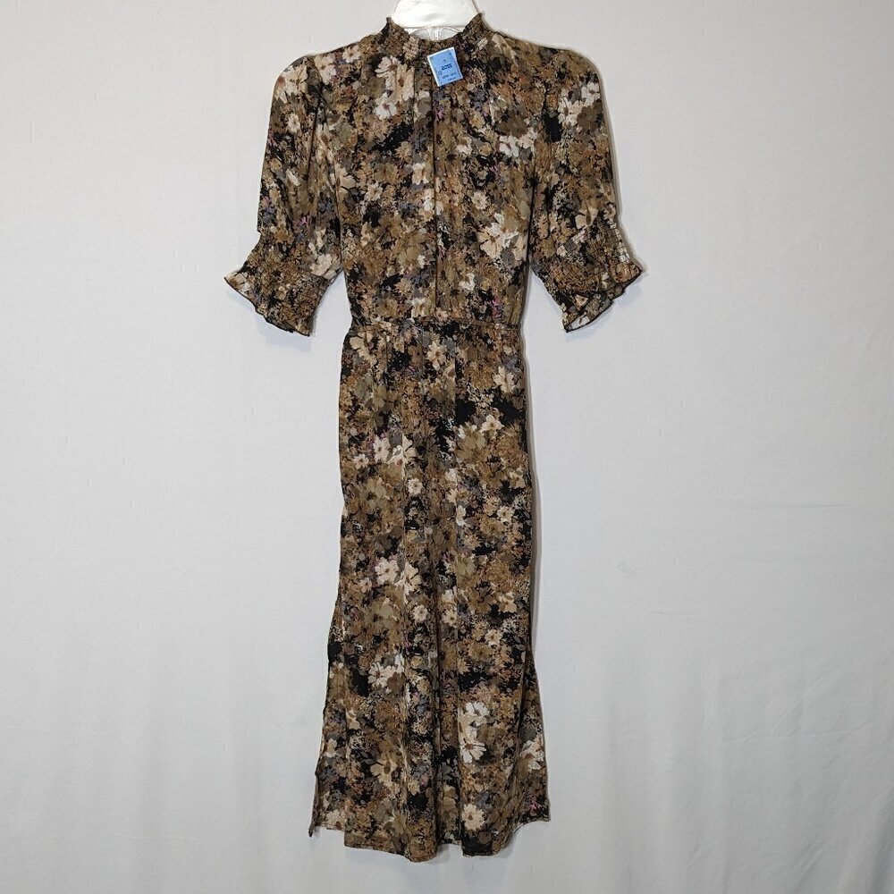 MAX & ASH, Brown/Tan Floral, Open Back, Midi Sheath Waist Dress; Size S